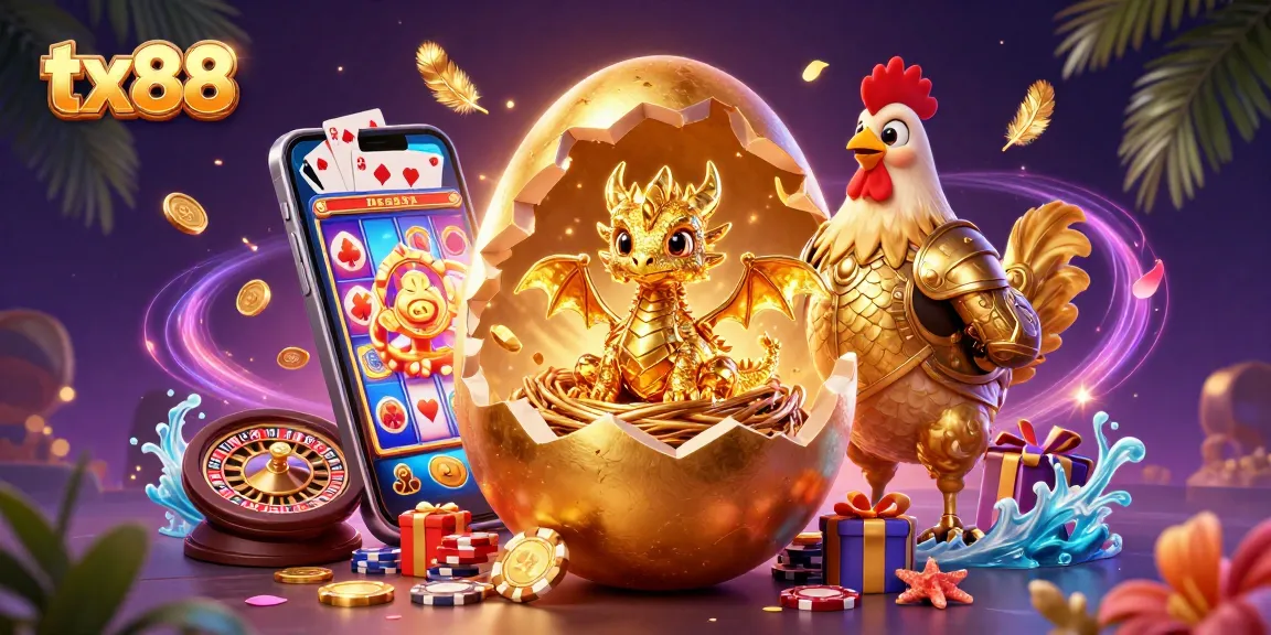 Experience tx88 excitement with a golden dragon emerging from a cracking egg, surrounded by vibrant casino elements.