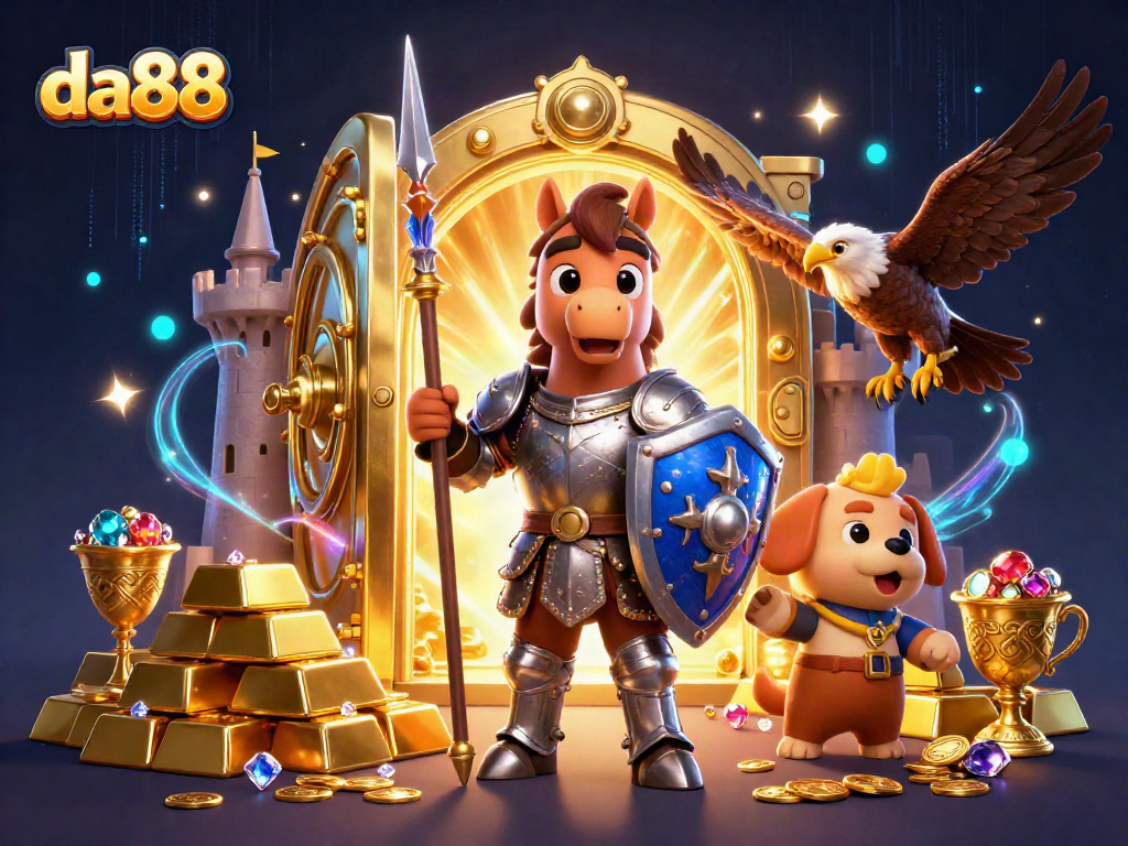 Experience unmatched excitement with da88's dynamic casino gameplay featuring a knight, puppy, and falcon in action.