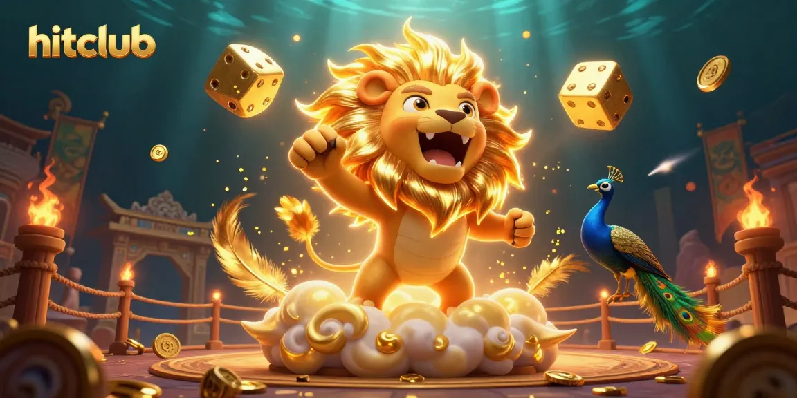 Engage with hitclub's vibrant casino action featuring a roaring lion and golden dice amidst rich visuals.
