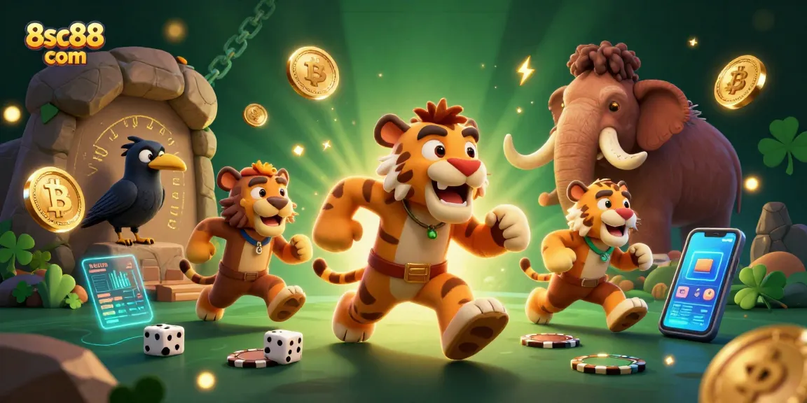 Win at 8sc88 com with a captivating prehistoric casino scene featuring casino elements.