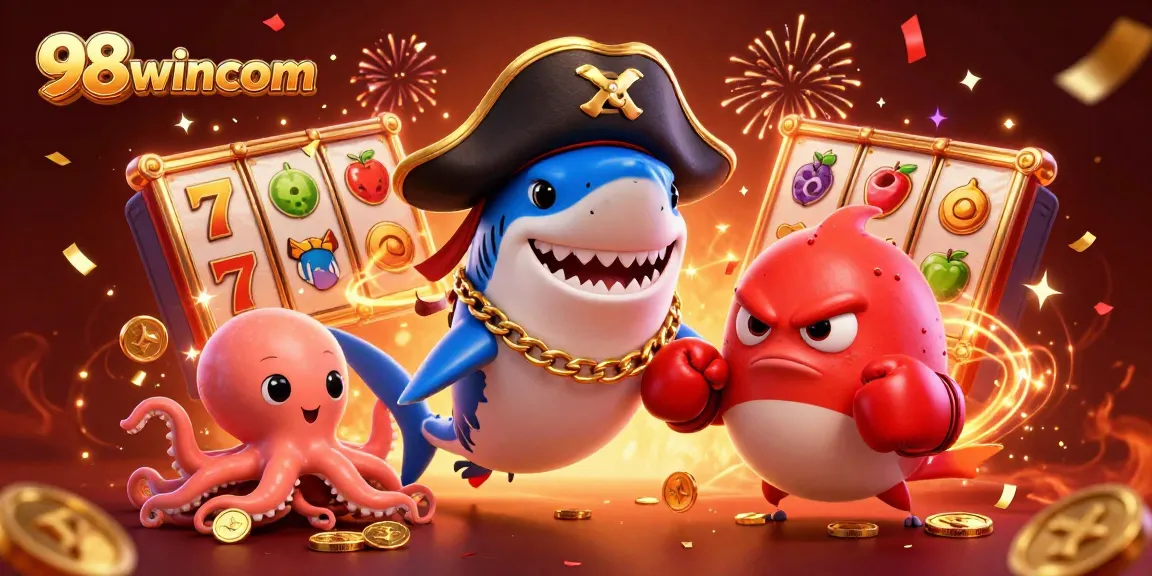 Engage with 98wincom's thrilling casino experience featuring vibrant characters and dynamic slot elements.