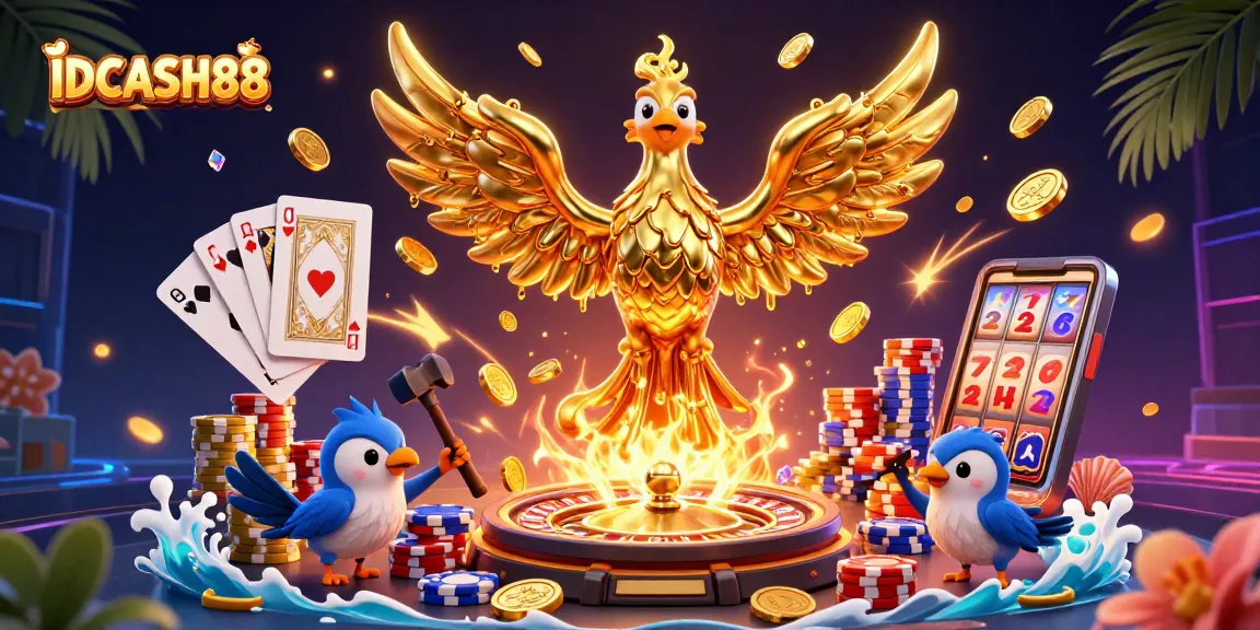 Engage with IDCASH88’s gaming experience featuring vibrant casino elements and dynamic characters.
