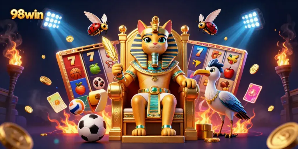 Engage in thrilling gaming with 98win photo featuring an Egyptian pharaoh cat and vibrant slot elements.