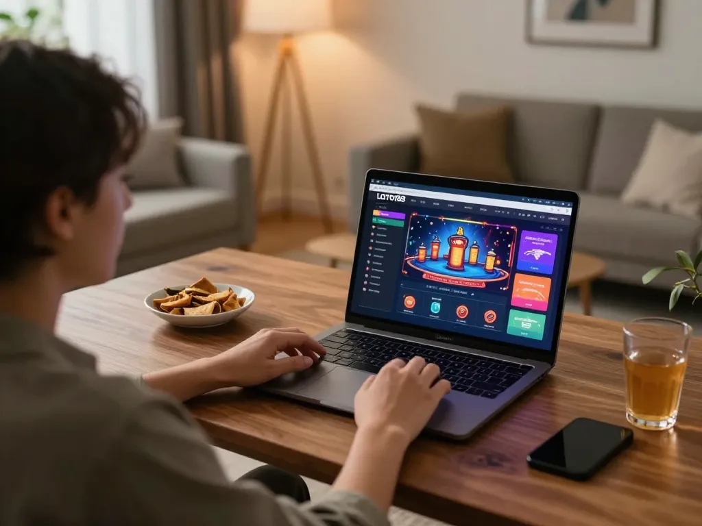 Engaging in online casino gaming with LOTO188 LINK on laptop in a cozy home setting
