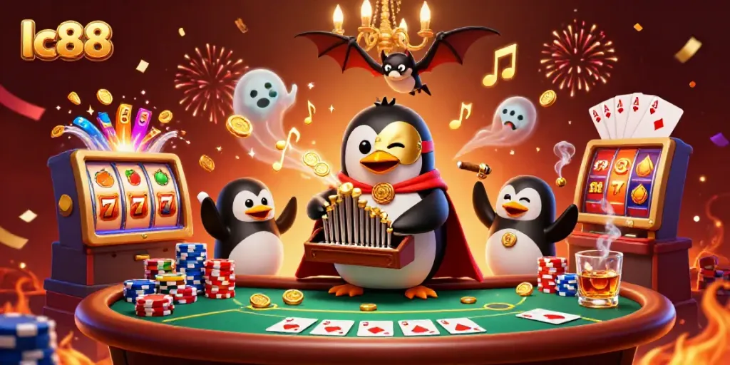 Engage with lc88's thrilling gaming experience as the animated penguin plays organ, shooting golden coins.