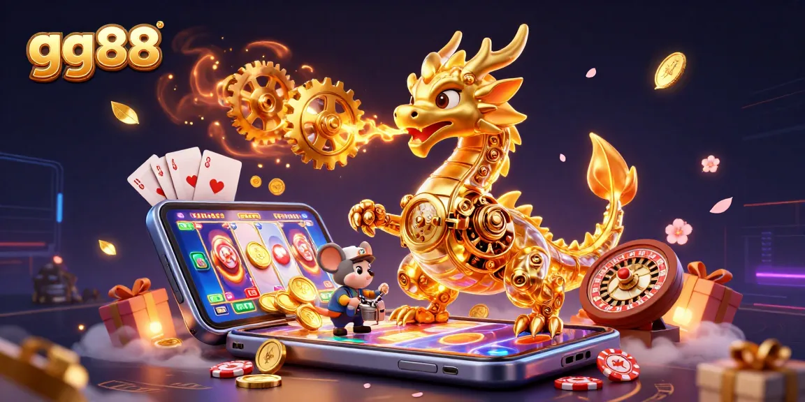 Play exciting games at gg88 with a golden dragon breathing gears, symbolizing online casino entertainment.