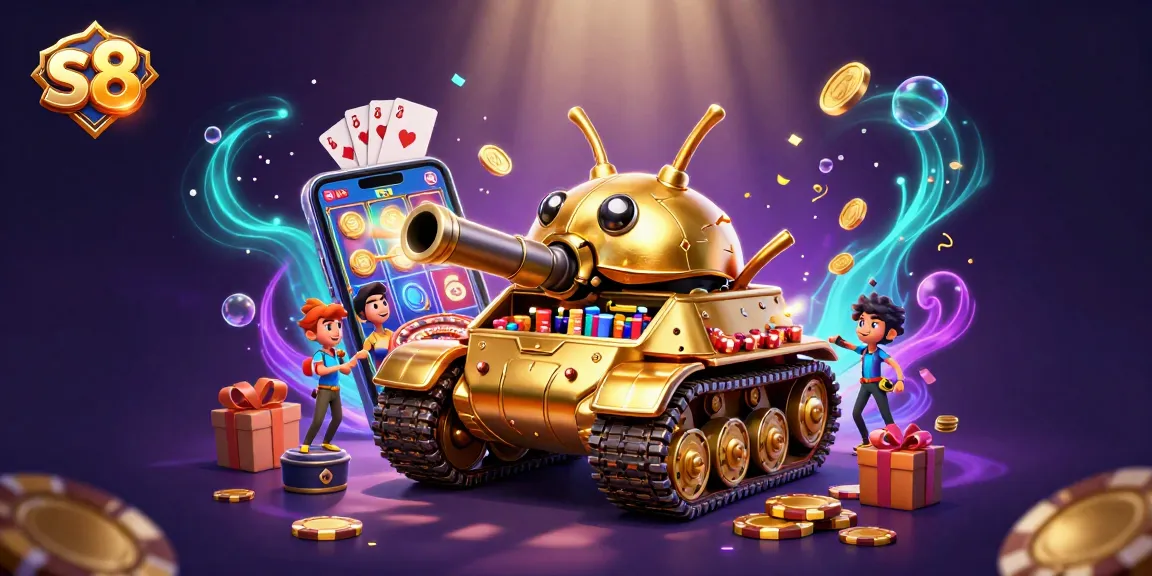 S8 casino experience comes alive with a vibrant scene of a golden beetle tank revealing a miniature casino