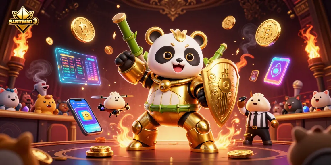 Engage with sunwin3 in this vibrant 3D casino scene featuring animated characters amid digital crypto elements.