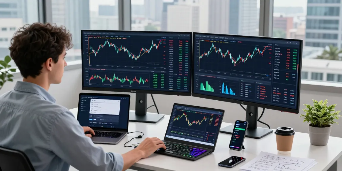 Funexchange cryptocurrency trading setup showcasing a professional workspace with monitors displaying market analysis and DeFi dashboards, secure digital wallet, and trading strategies.