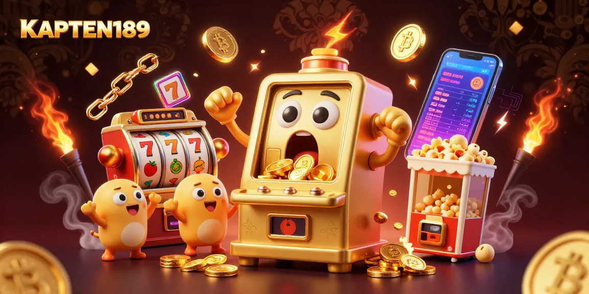 KAPTEN189 merayakan jackpot dengan mesin slot emas dan simbol keberuntungan, penuh suasana kasino yang menarik.