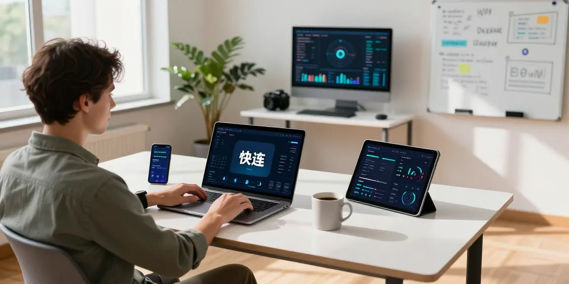 快连 user connecting to a VPN at a modern workspace, showcasing productivity and efficiency.