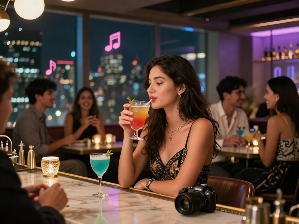 Gái gọi thưởng thức đồ uống tại quán bar sang trọng trong không khí sôi động.