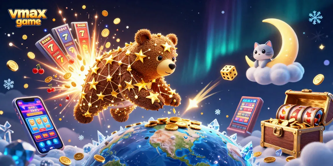 Experience the excitement of vmax game with a vibrant 3D casino scene full of winning symbols and characters.