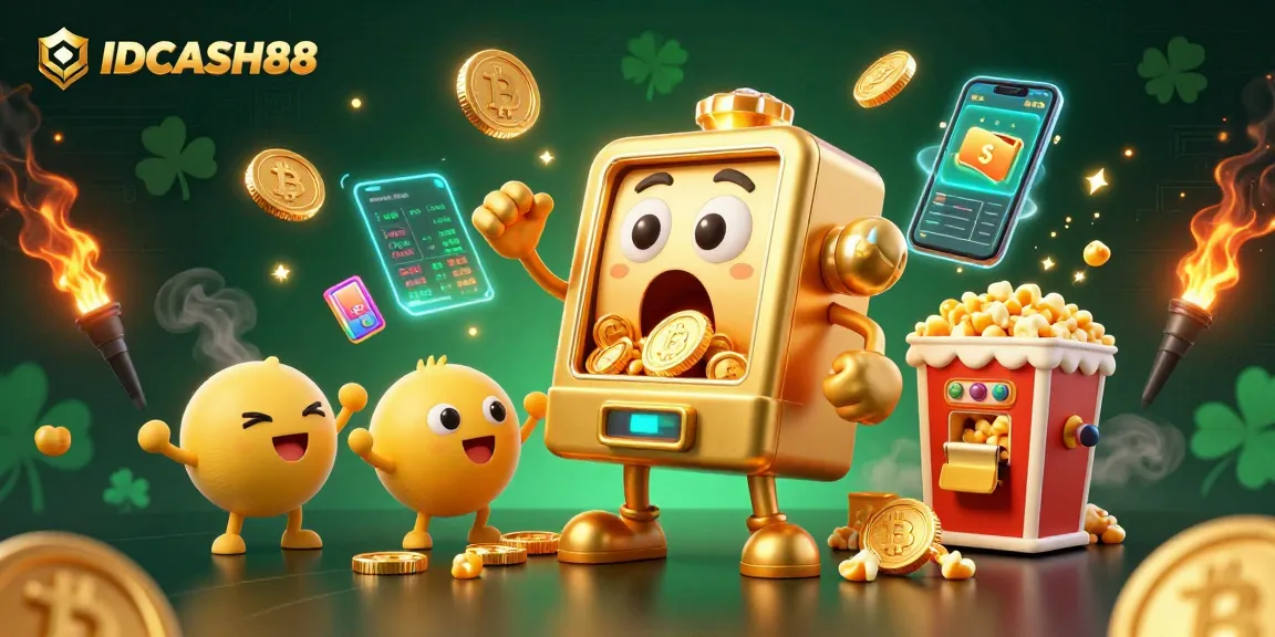 Win big with IDCASH88 in this vibrant 3D casino scene showing slot machines & crypto elements.