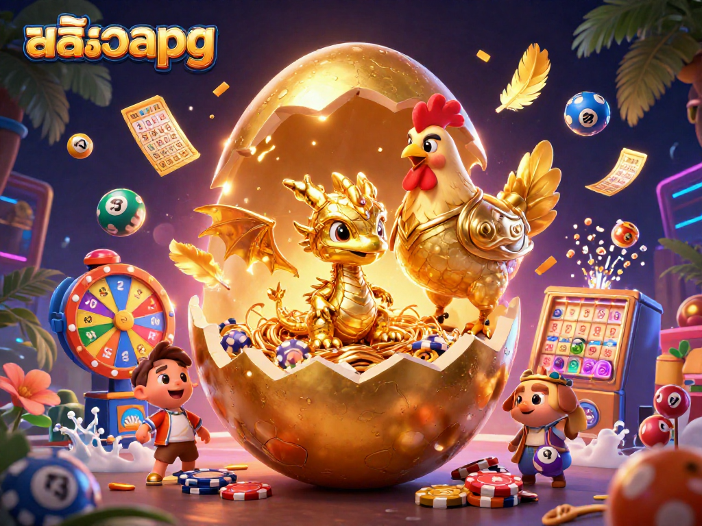 Spin to win with สล็อตpg as a baby dragon emerges from a golden egg amidst vibrant casino elements.