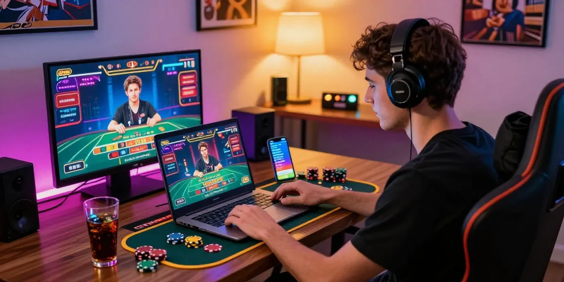 Giocatore a casinò online non aams immerso in gioco sul laptop, atmosfera vivace e accogliente.