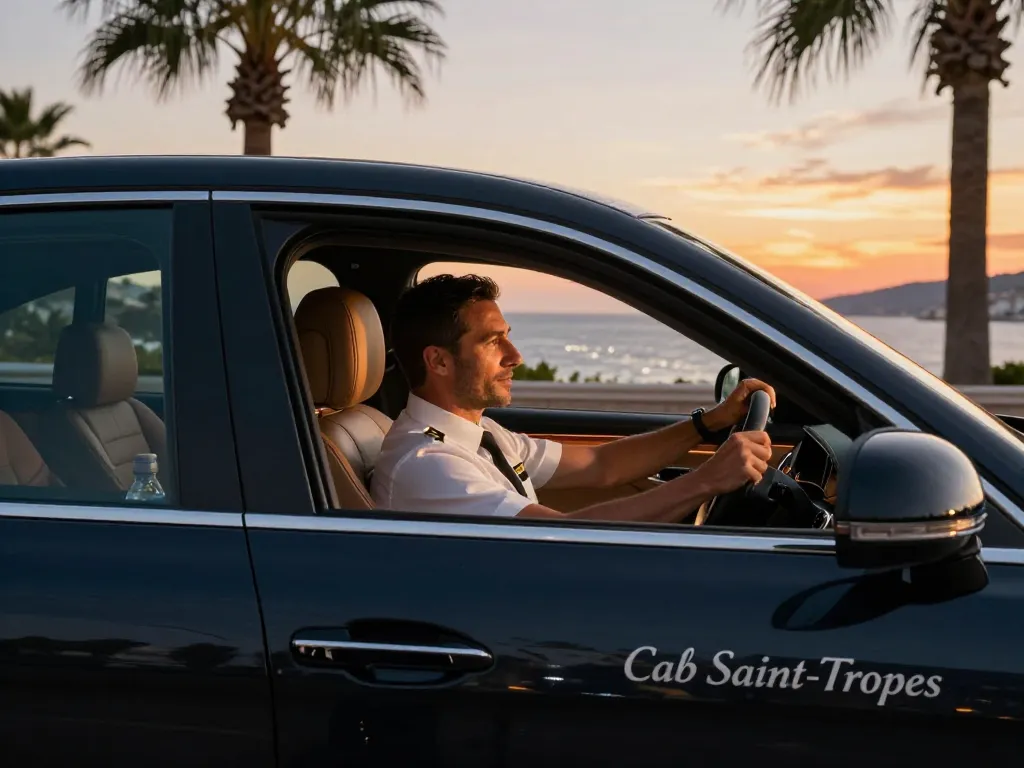 Taxi Saint Tropez dans un cadre luxueux, montrant un service de transport haut de gamme avec un arrière-plan côtier au coucher du soleil.