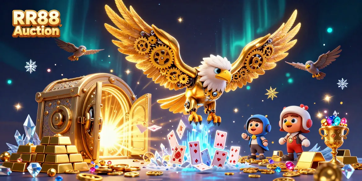 Immerse in the excitement of RR88 Auction with golden eagle, holographic cards, and bounty of treasure