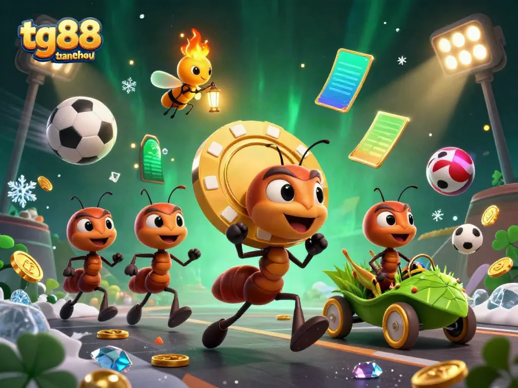 Engage with tg88 trang chủ as ants stealthily carry a giant poker chip through dynamic casino-themed elements.