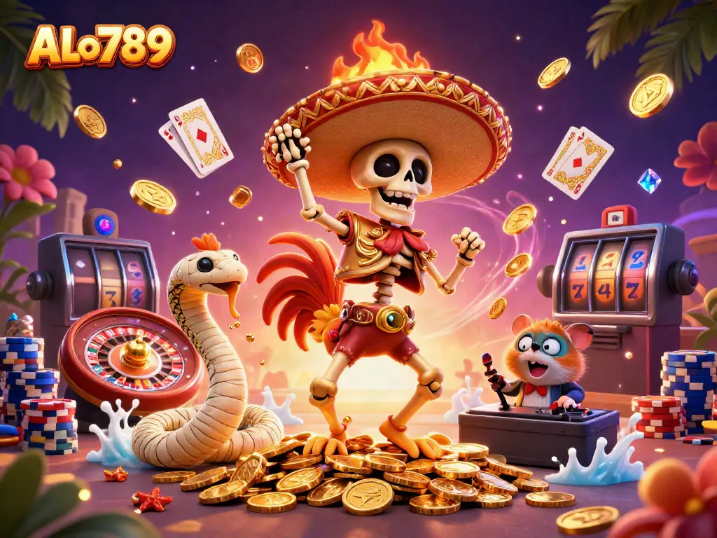 Experience the thrill of ALo789 with a vibrant 3D illustration of a festive scene showcasing a rooster, mummy snake, and DJ amid cascading golden coins and lively casino elements.