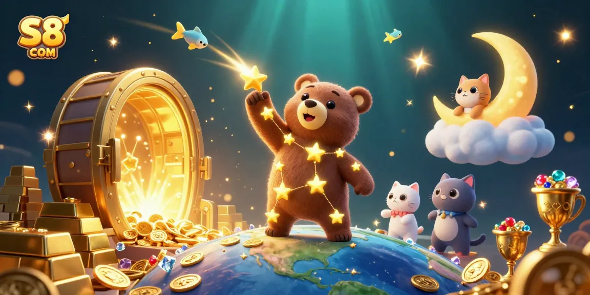 Spin to win big with S8 COM in this vibrant casino-themed illustration filled with treasures.