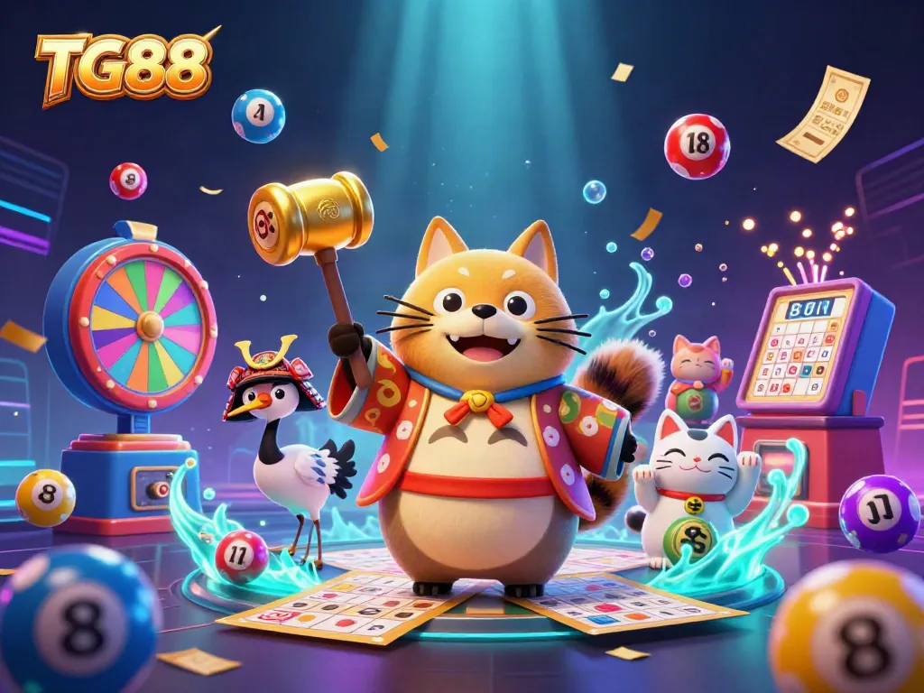 Engage with TG88's exciting gaming scene featuring a cheerful tanuki character among vibrant lottery elements.