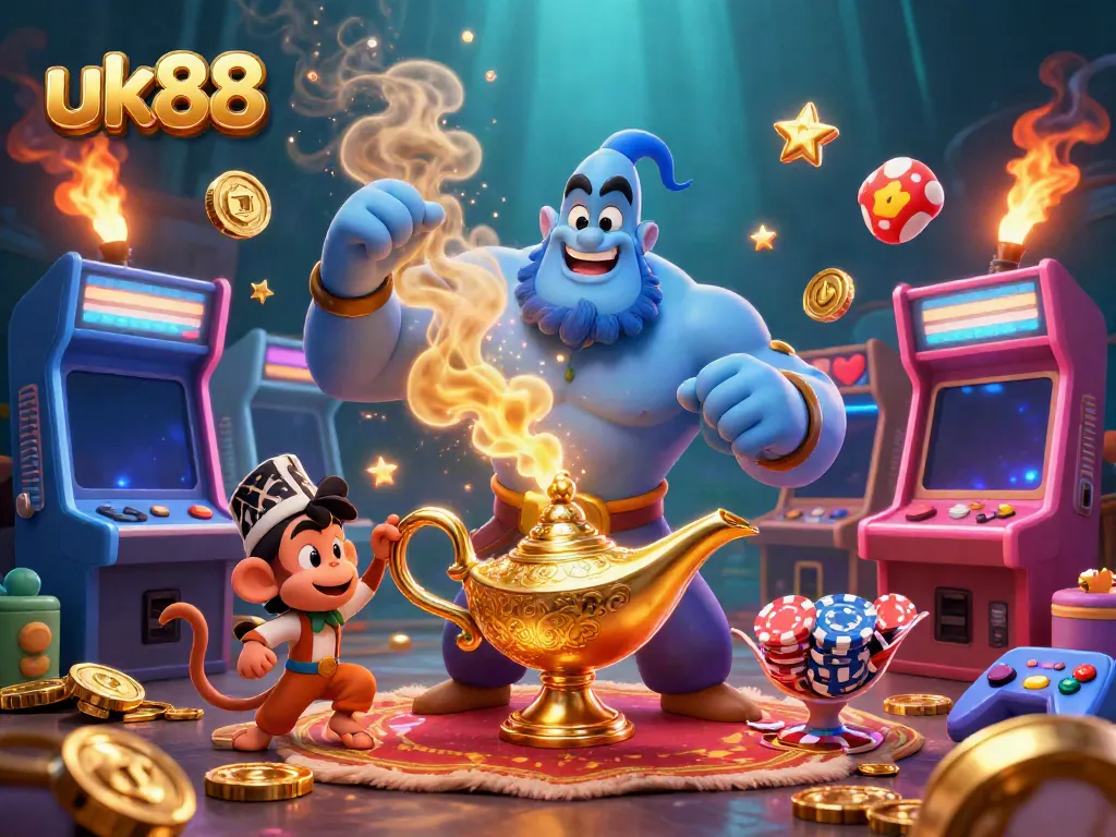 Experience the thrill of uk88 with this vibrant genie-themed casino illustration packed with gaming elements.