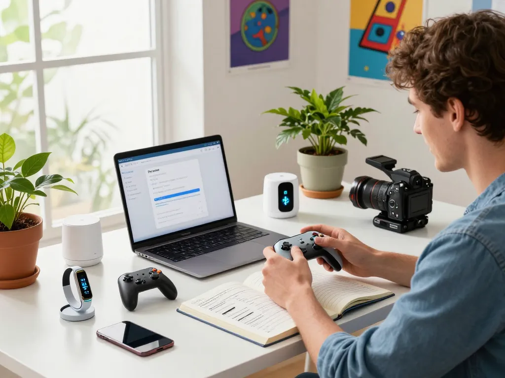 Explore affordable tech gadgets enhancing daily life with wireless connectivity in a vibrant workspace.