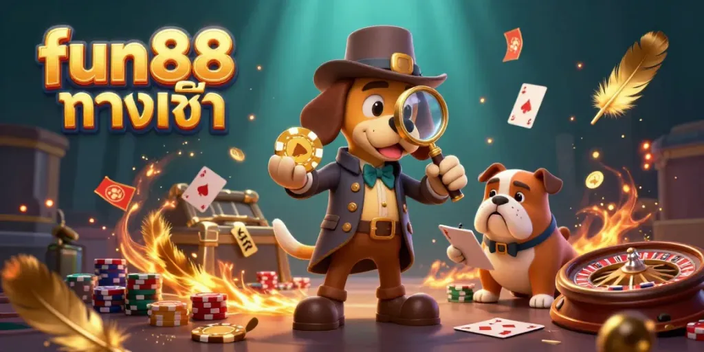 Join the fun88 ทางเข้า adventure in this vibrant casino game scene featuring a detective and his bulldog.