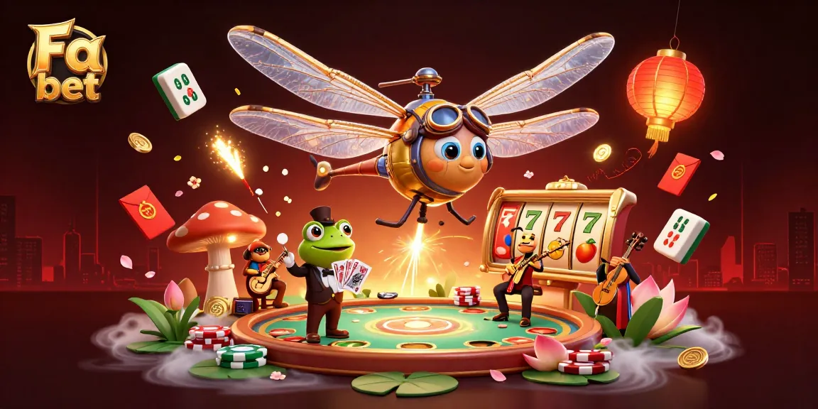 Fa bet offers a vibrant gambling scene with card games and slot reels in action.