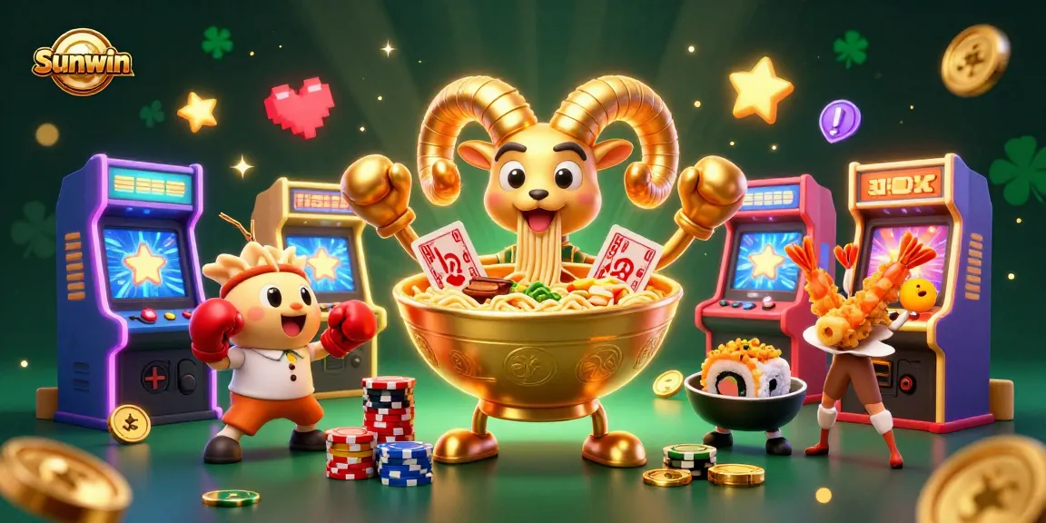 Sunwin showcases a vibrant scene of animated characters and casino elements for an engaging gaming experience.
