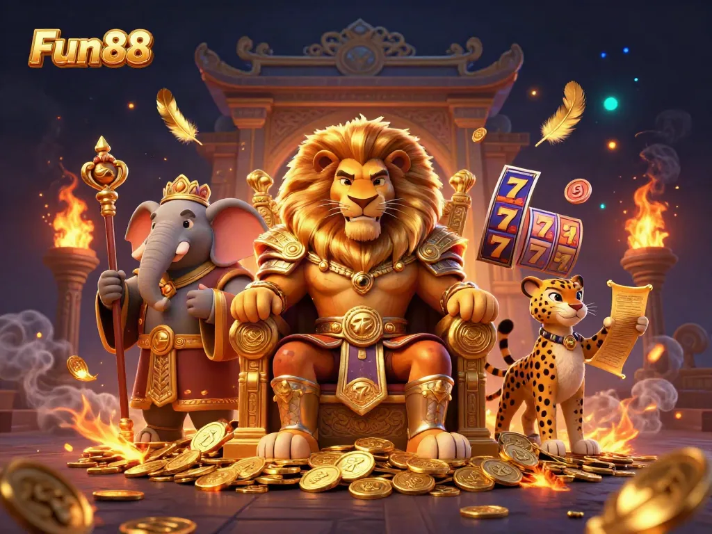 Experience the excitement of Fun88 slots with a dynamic illustration of a lion king, an elephant advisor and a cheetah messenger.