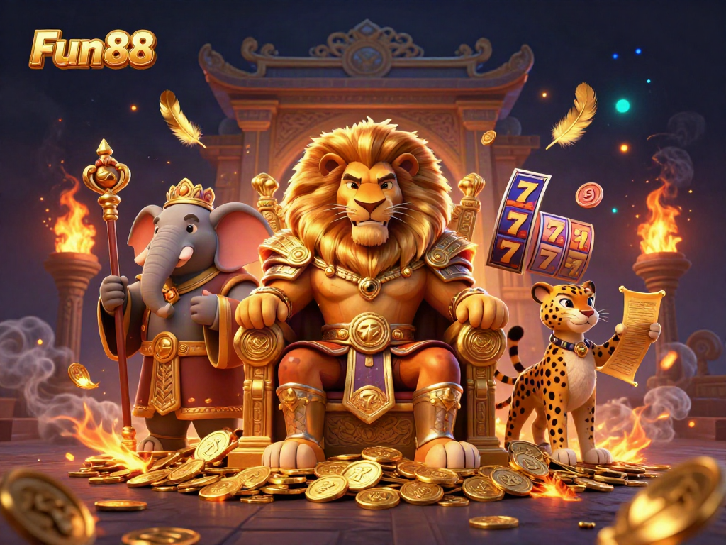 Experience the excitement of Fun88 slots with a dynamic illustration of a lion king, an elephant advisor and a cheetah messenger.