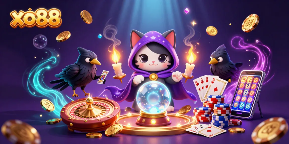 Experience the magic of xo88 with fortune teller cat and raven amid swirling casino elements.
