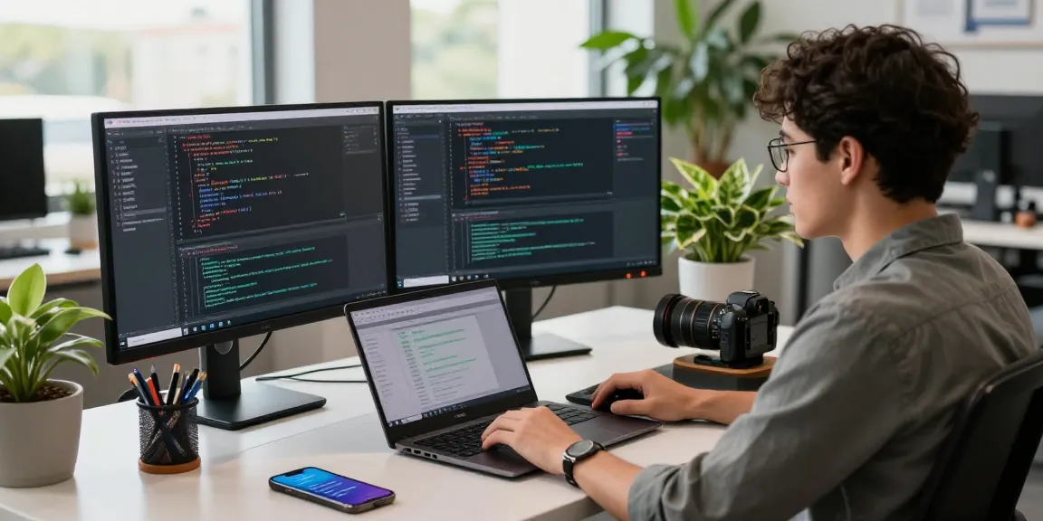 Developer working at telegraimin.com with dual monitors, creating a vibrant tech workspace.