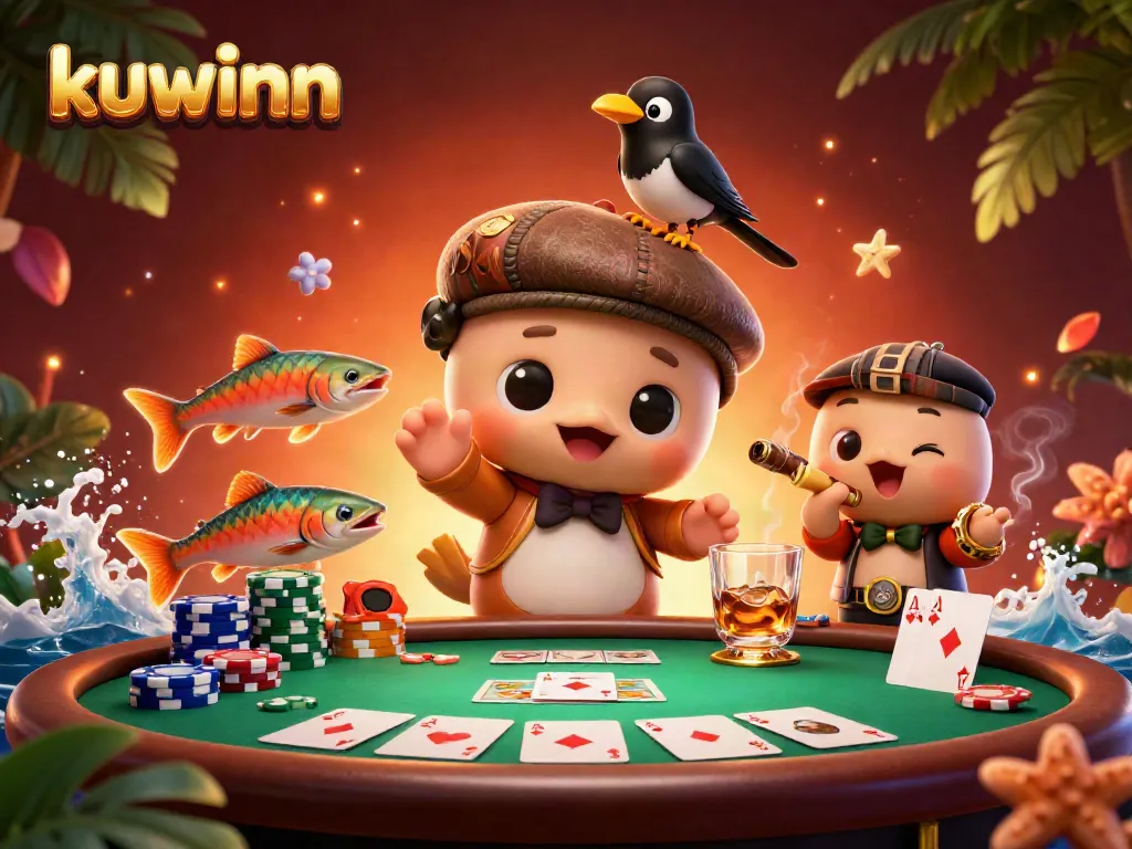 Kuwinn online casino scene showcasing cartoon Nessie, poker elements, vibrant 3D details, and cinematic lighting.
