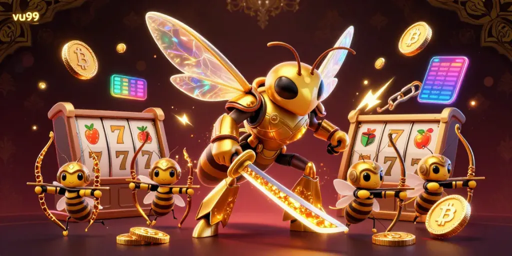 Engage with the vibrant atmosphere of VUA99, featuring a samurai hornet and gaming elements for thrilling experiences.
