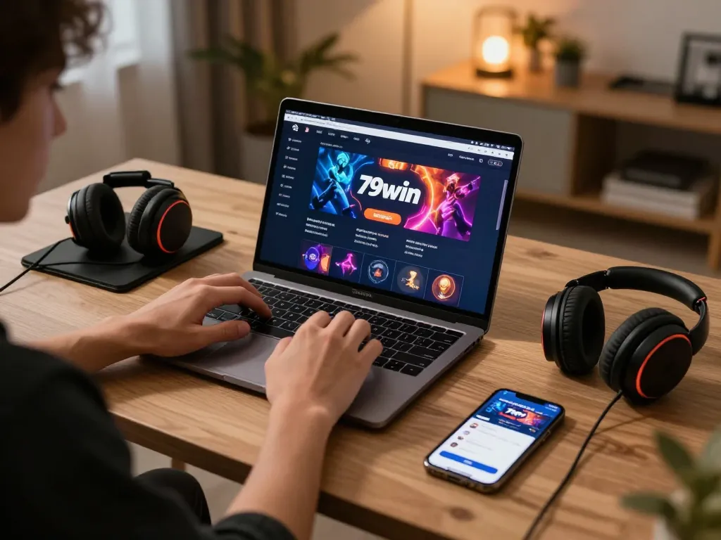 Engaged player using 79win app and laptop for online casino gaming, showcasing excitement.