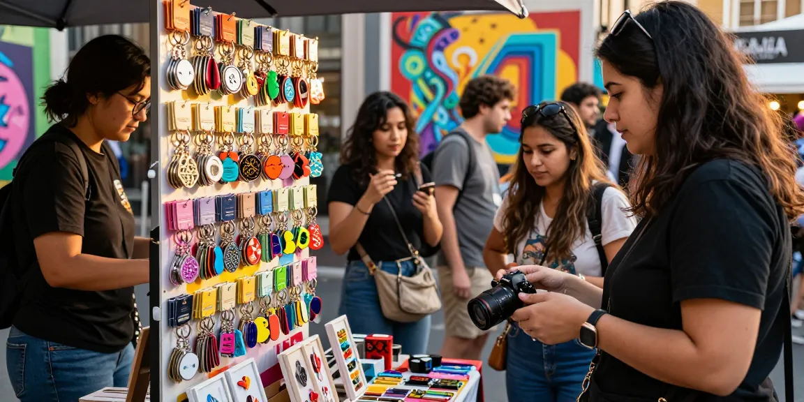 Explore custom keychains at a lively urban market with diverse designs and vibrant atmosphere.