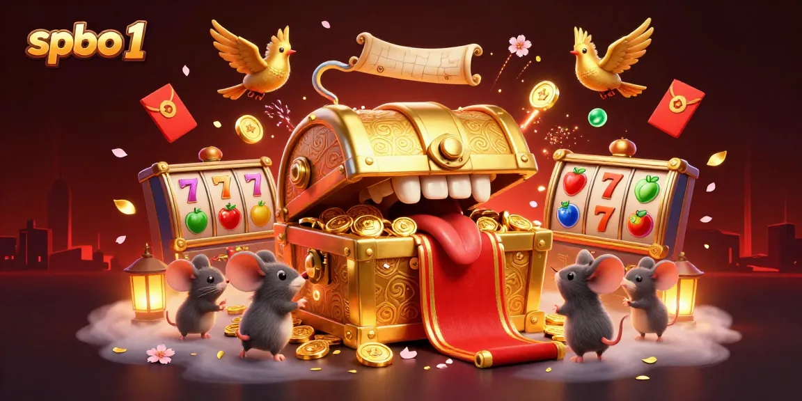 Experience the excitement of spbo 1 with a thrilling 3D cartoon illustration featuring a treasure chest and slot machine elements.