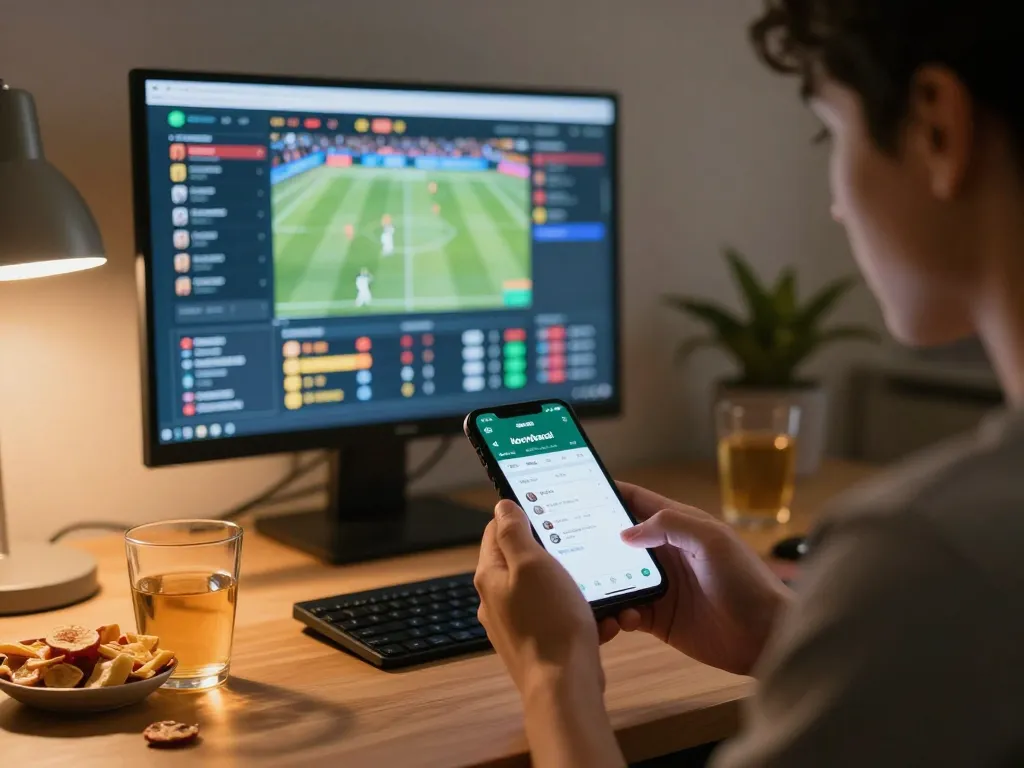 Engaged bettor using keonhacai app to monitor live sports and odds at home