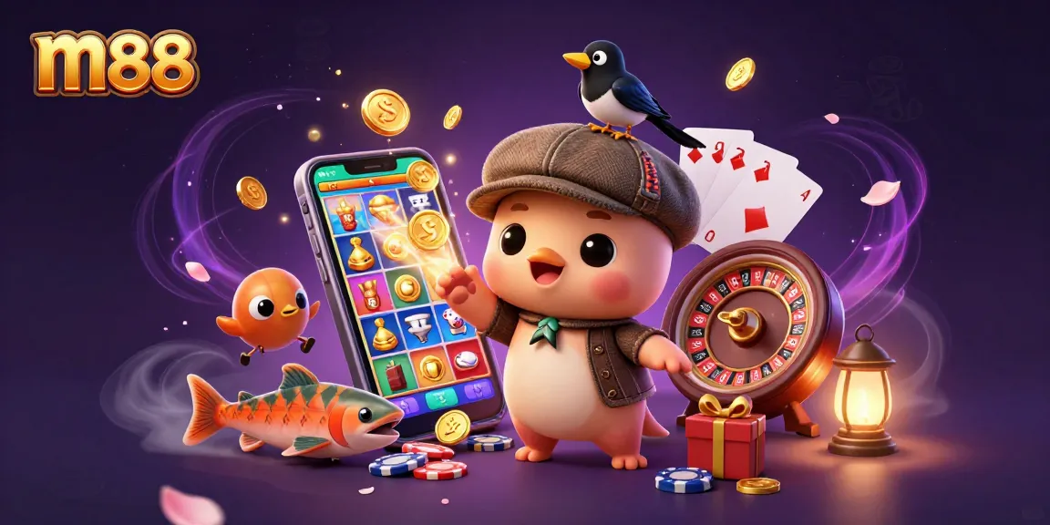 Join the fun at m88 with playful characters enjoying slots, gold coins, and casino games in a vibrant scene!