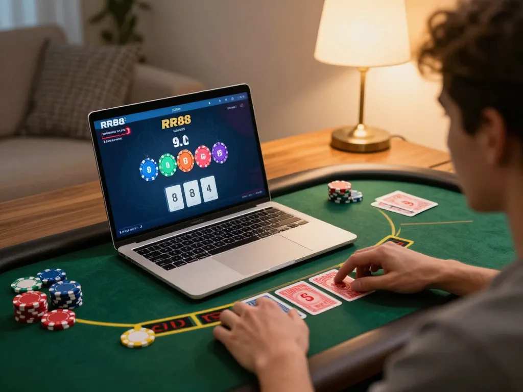 Player enjoying RR88's Baccarat on a laptop, colorful chips and cards visible in a cozy home setup.