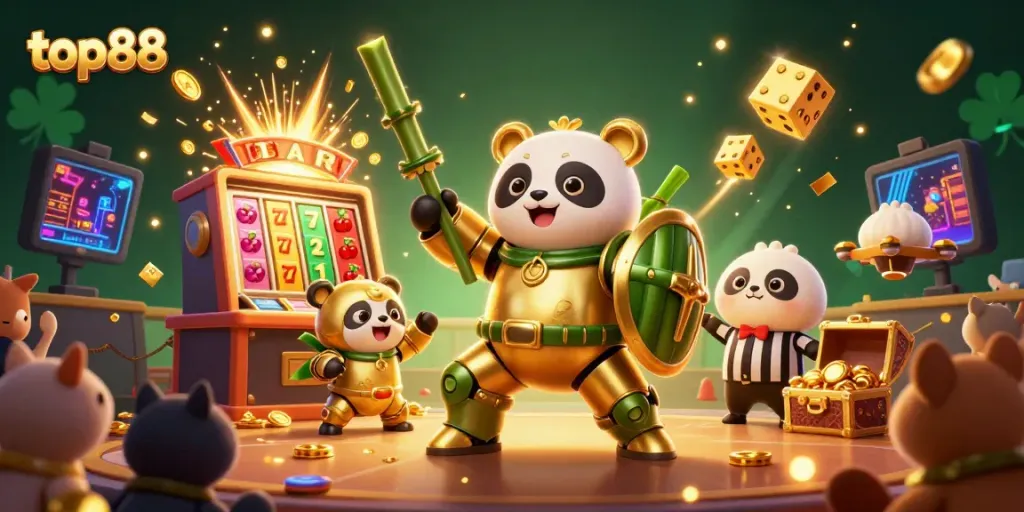 Engage with the exciting world of top88, featuring a golden panda robot immersed in a dynamic casino scene.
