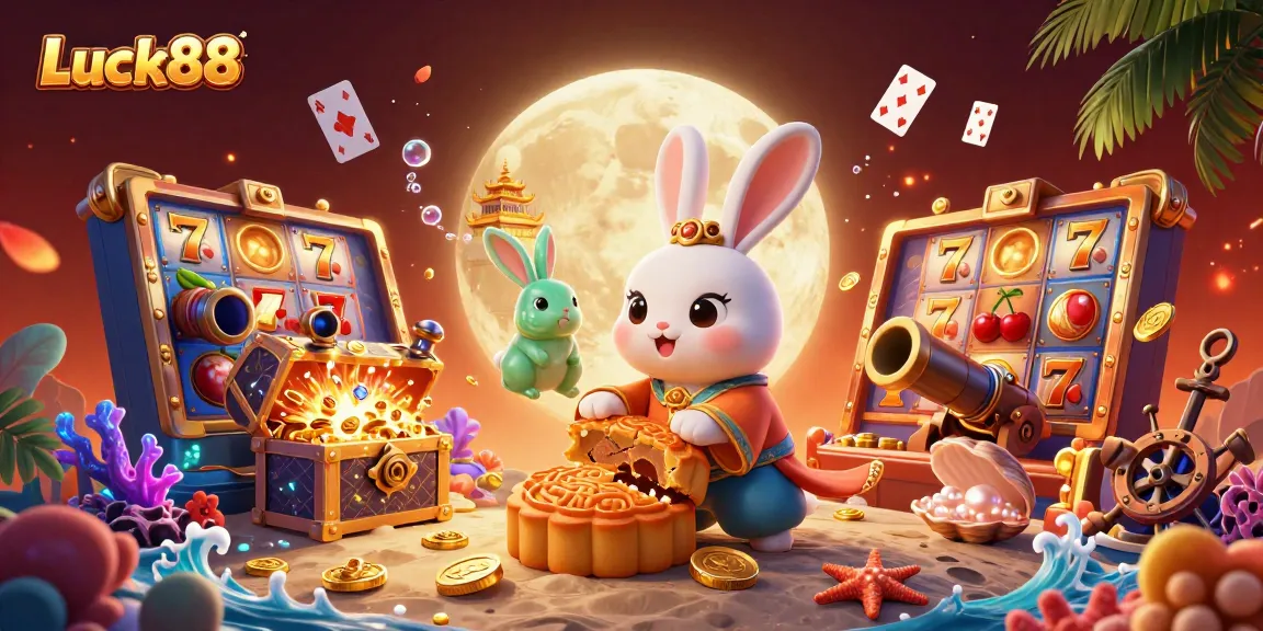 Experience Luck88's thrilling slot adventure with vibrant symbols and playful characters in a magical moonlit setting.