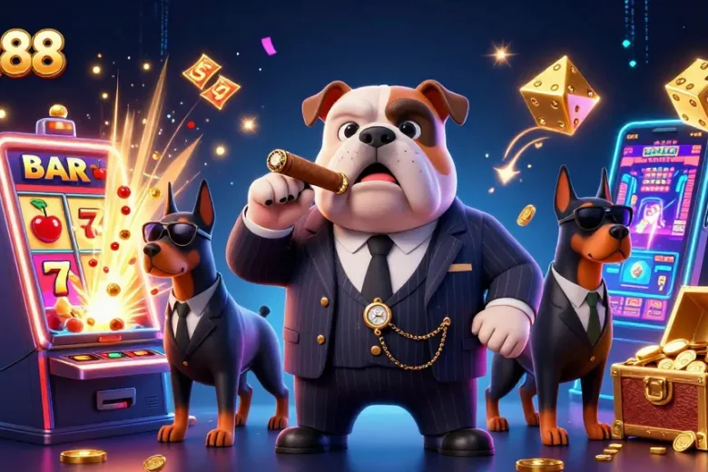 net88 promo illustration with a mafia bulldog and Doberman bodyguards surrounded by slot game elements.