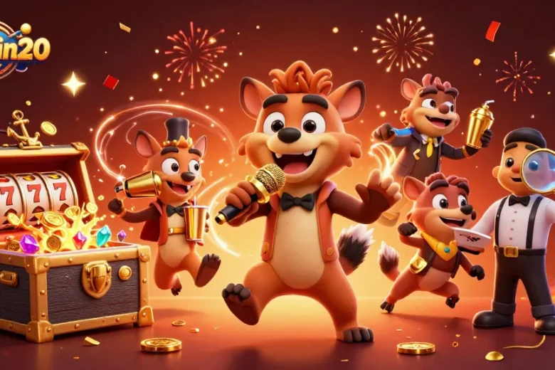 Experience the excitement of sunwin20 with vibrant casino action featuring hyenas at a comedy club and slot machines.