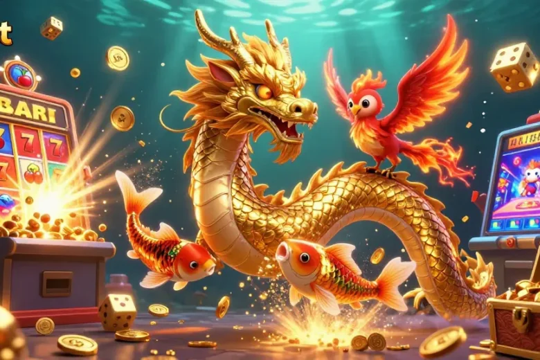 Experience fabet gaming excitement with vibrant dragons and slot machines bursting with jackpots.