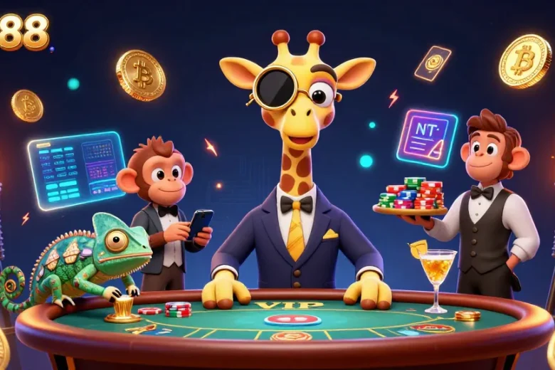 Engage with net88's vibrant crypto casino scene, featuring the high-roller giraffe and lively gaming action.