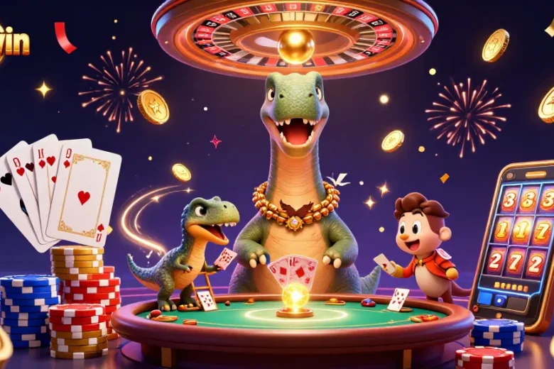 Sunwin provides a vibrant casino experience with a whimsical dinosaur and clever raptor dealing cards.